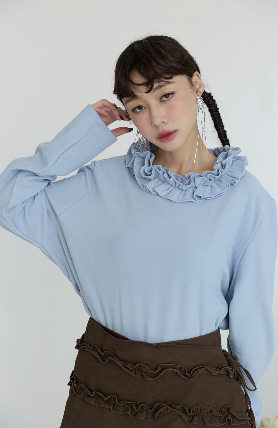 磨毛波浪領長袖上衣