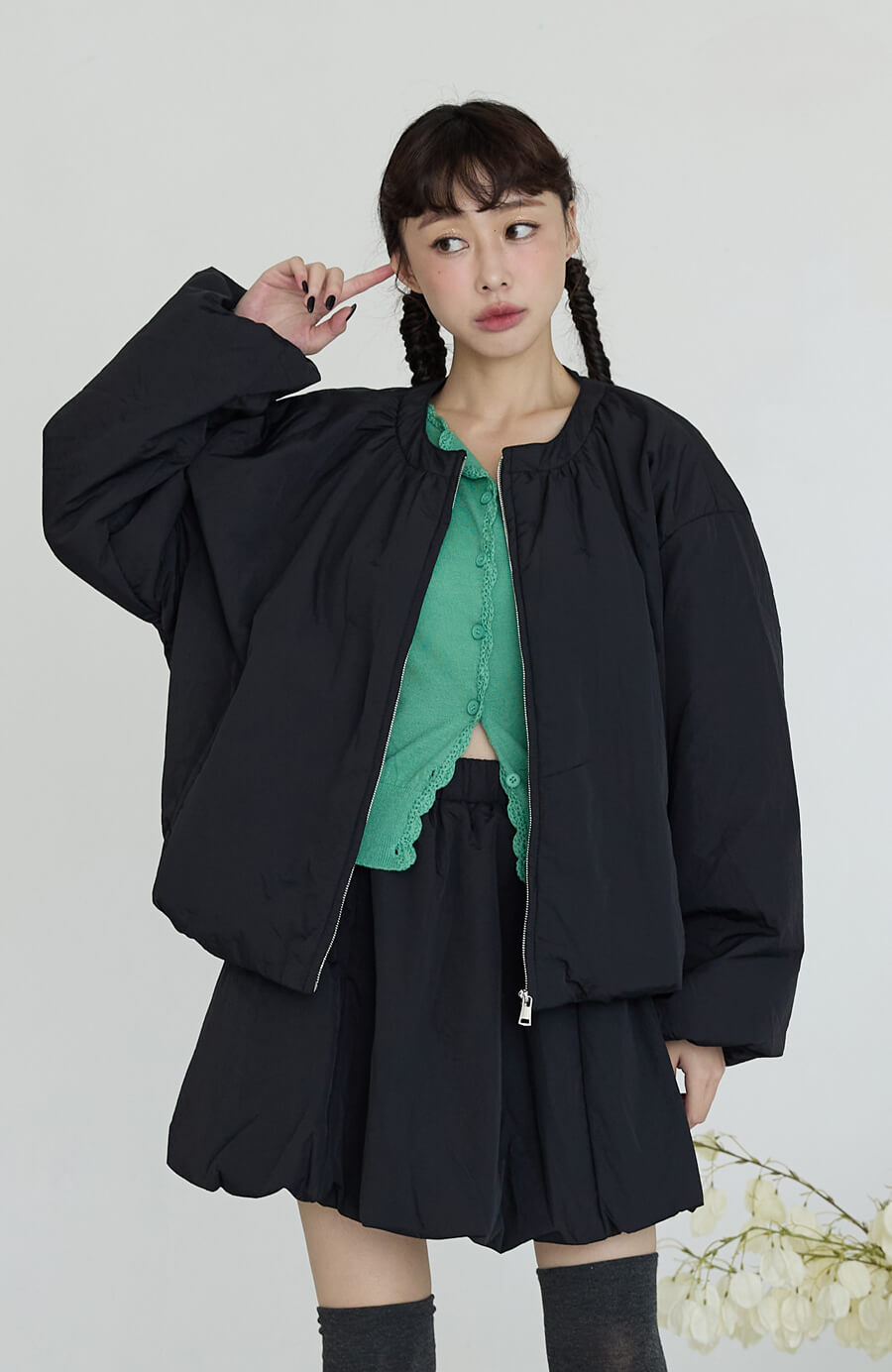 鋪棉拉鍊外套+氣球短裙套裝 2色