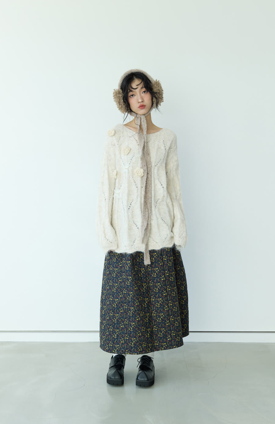 毛尼鋪棉感碎花傘裙