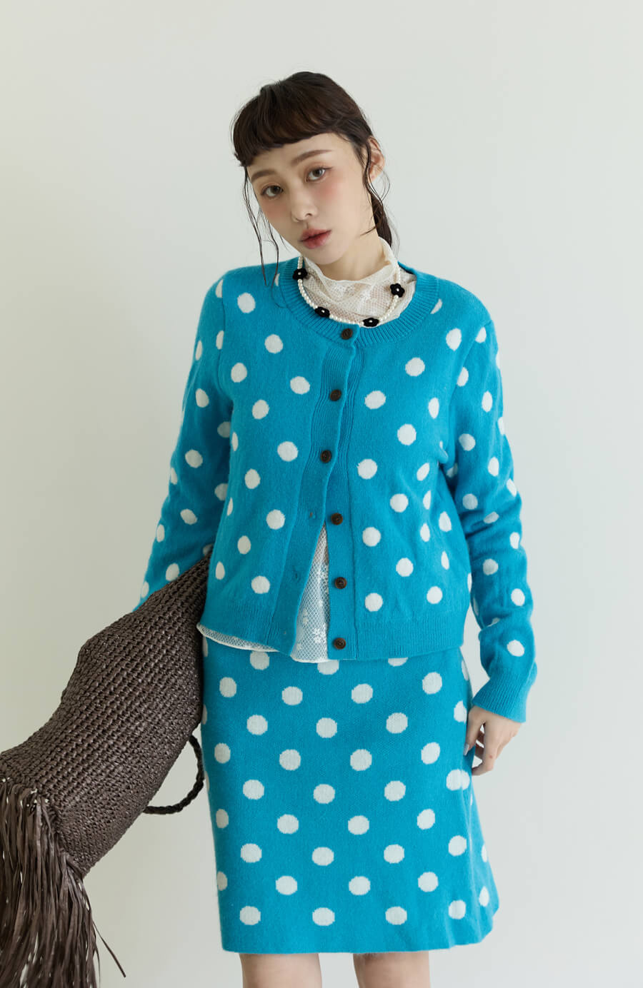 日系點點排釦針織外套+短裙套裝