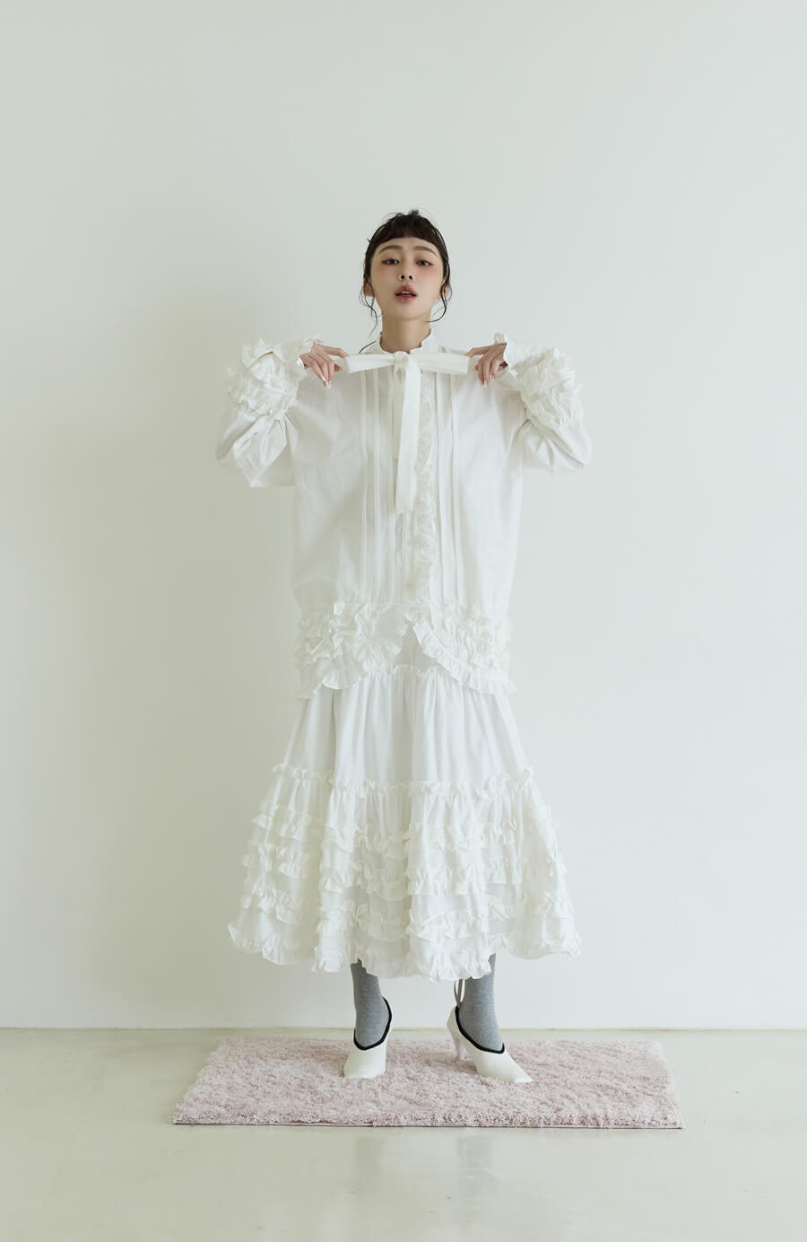 自訂荷葉滾滾襯衫+長裙包套 2色