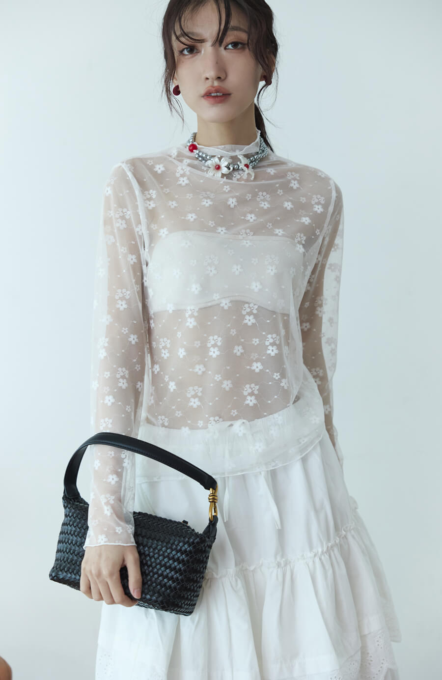 小花立領網紗打底衫 3色