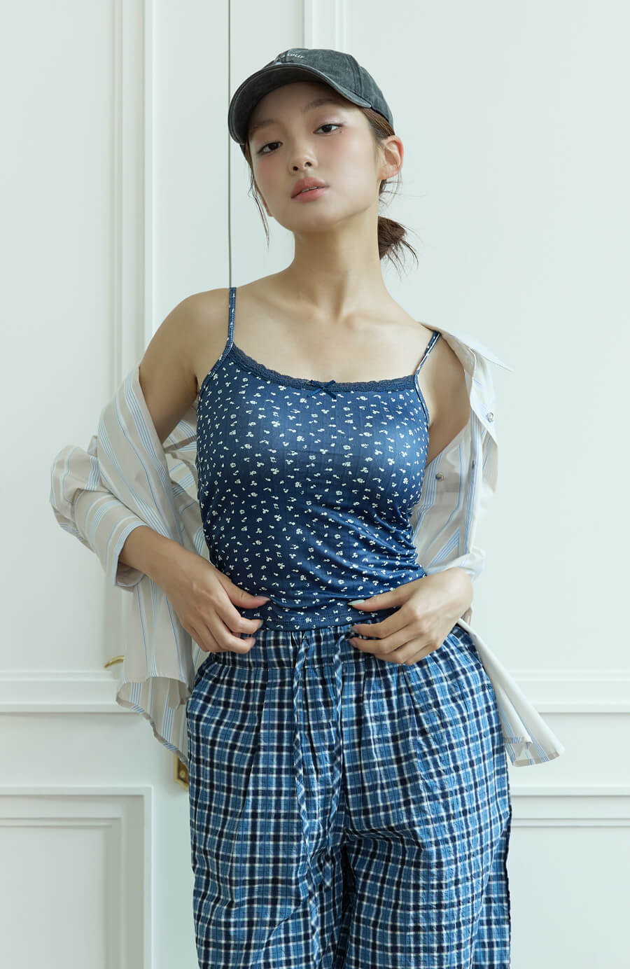 藍色碎花蕾絲細肩Bra top