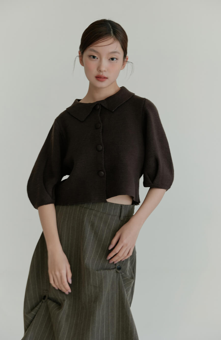 翻領澎袖圓釦針織短版外套 3色