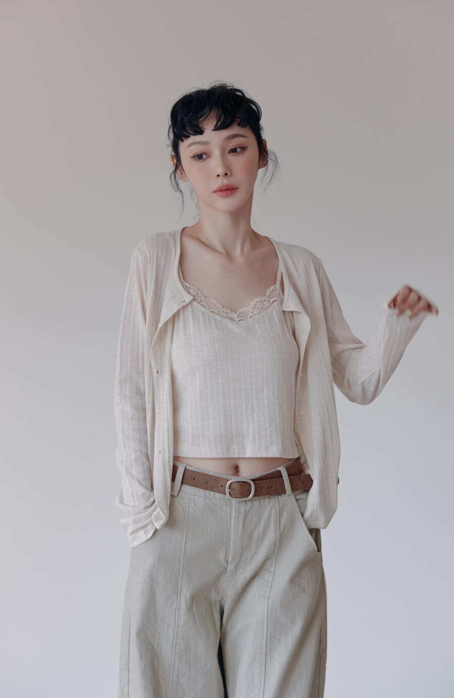 假兩件蕾絲坑條背心外套 3色