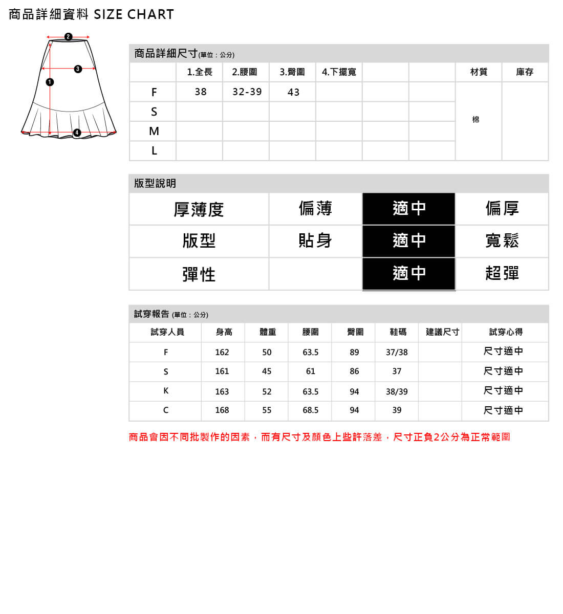 MOSDRESS 美式復古棉質短裙 商品尺寸表