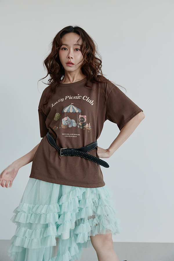 MOSDRESS CHICHI & LOLLY野餐寬鬆T 咖啡色印花T恤休閒穿搭