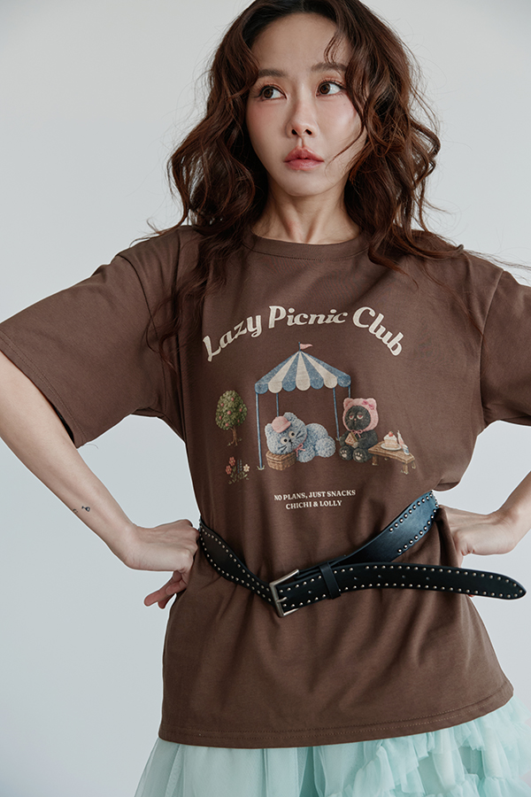 MOSDRESS CHICHI & LOLLY野餐寬鬆T 咖啡色寬版T恤韓系穿搭