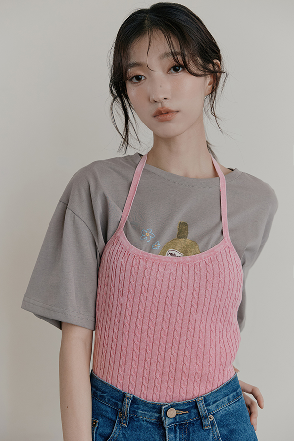 MOSDRESS 麻花針織美背細肩背心 粉紅色日系女孩穿搭