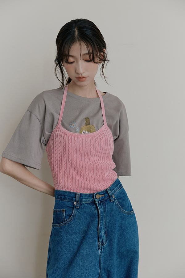 MOSDRESS 麻花針織美背細肩背心 粉紅色針織背心疊穿造型