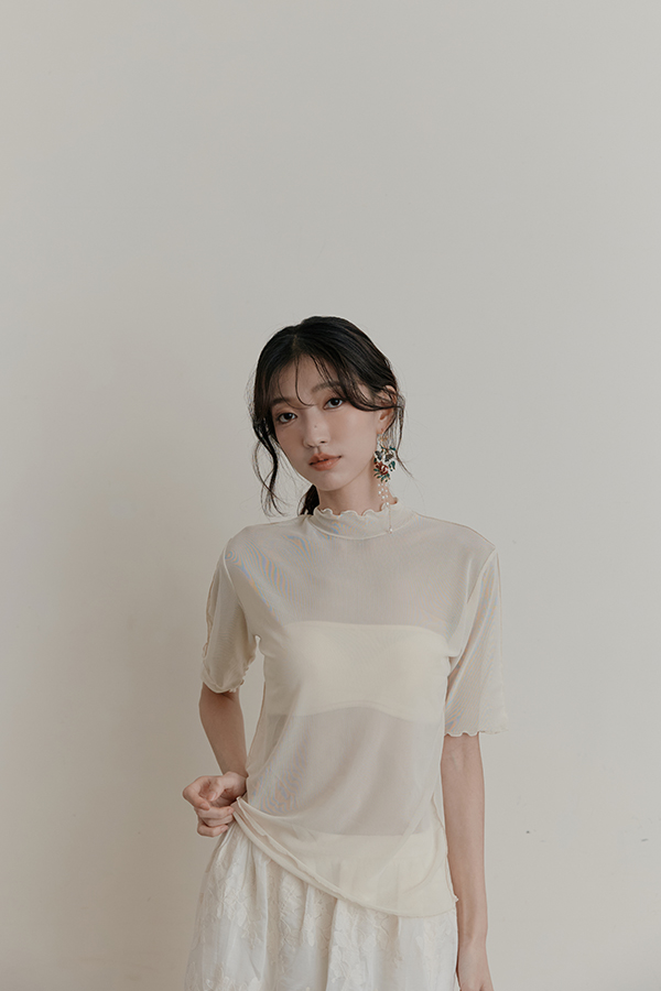 MOSDRESS 木耳邊透膚半高領上衣 半高領上衣韓系疊穿造型