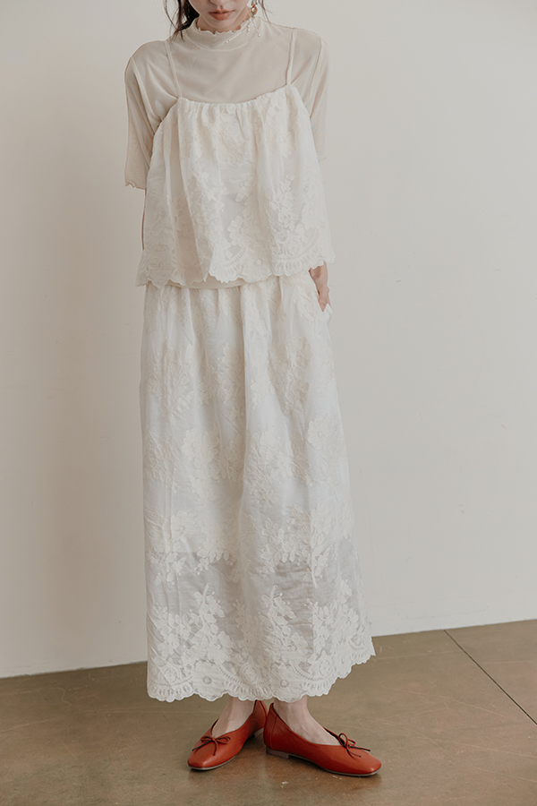 MOSDRESS 訂製刺繡蕾絲細肩上衣＋蕾絲裙包套 刺繡蕾絲兩件式夏日穿搭
