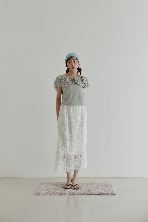 MOSDRESS 蕾絲網紗微透半身裙，蕾絲網紗模特實穿