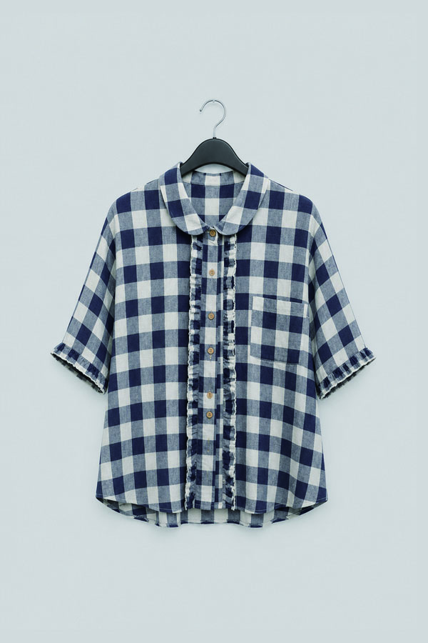 MOSDRESS 荷葉滾邊格紋寬鬆襯衫半裙包套 套裝商品平拍