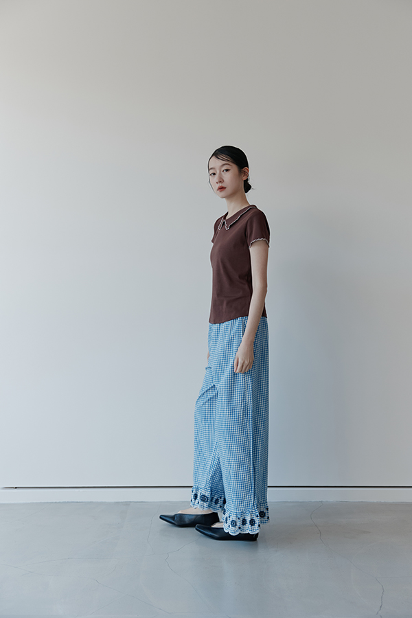 MOSDRESS 小花刺繡格紋寬褲 商品剪裁與質感