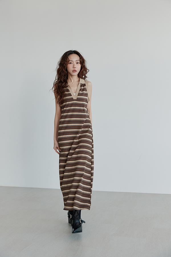 MOSDRESS 翻領條紋無袖長洋裝 整體實穿造型