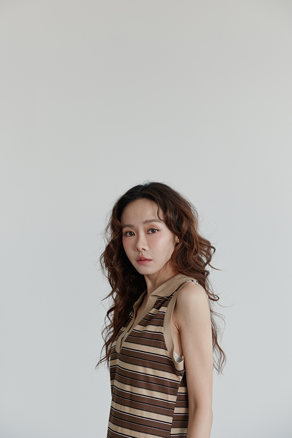 MOSDRESS 翻領條紋無袖長洋裝 正面版型展示