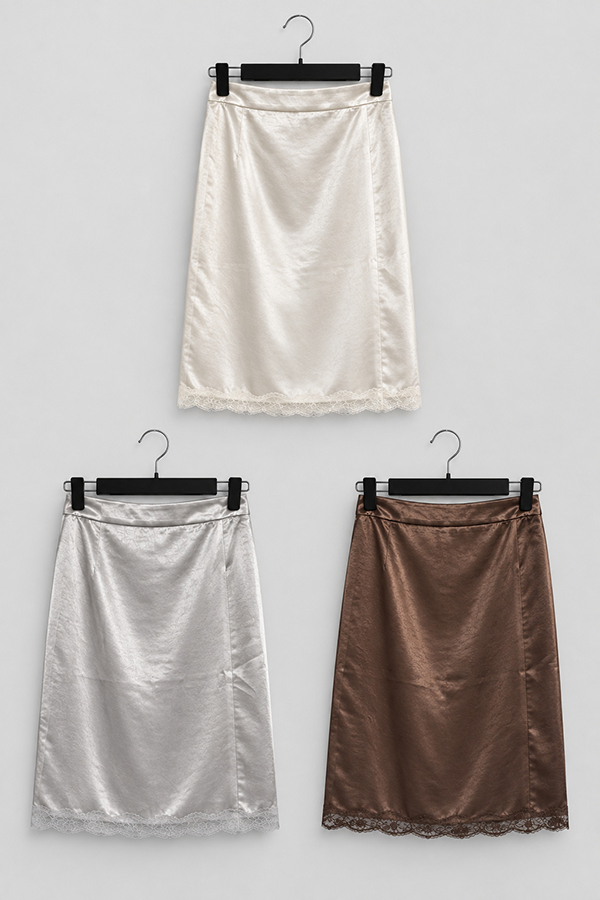 MOSDRESS 蕾絲滾邊緞面半身裙 3色 商品細節展示
