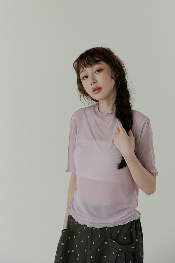 MOSDRESS 訂製微透波浪小高領上衣 淺紫色 透紗上衣半身近拍