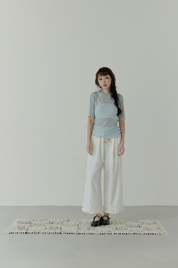 MOSDRESS 訂製微透波浪小高領上衣 淺灰藍上衣全身搭配