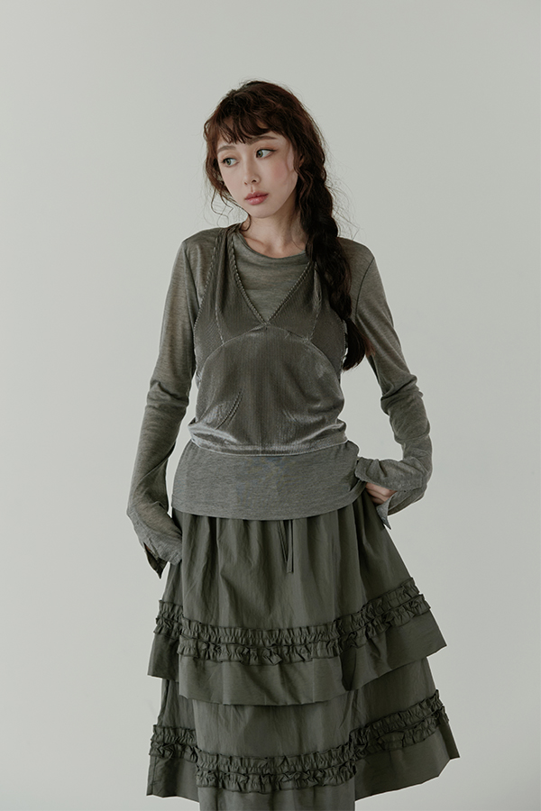 MOSDRESS 真兩件絨布長袖上衣 深灰絨布正面近拍
