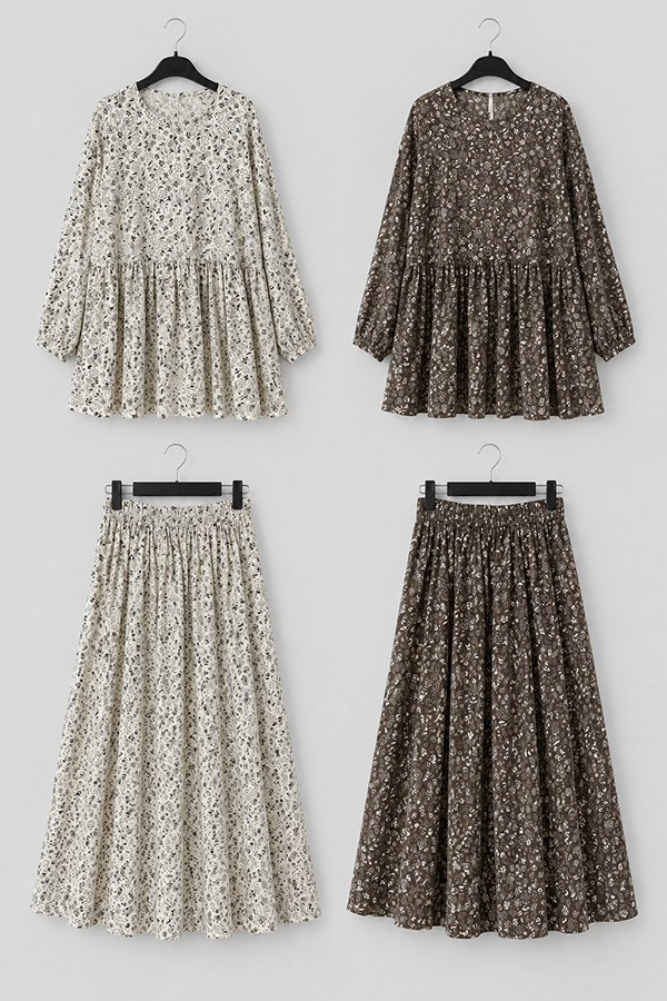 MOSDRESS 復古圓領碎花上衣+花苞裙套裝 兩色碎花上衣與裙子平拍