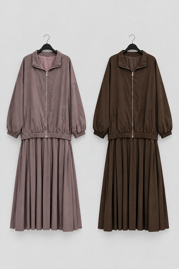 MOSDRESS 假兩件百褶拼接長版外套 兩色長版外套平拍