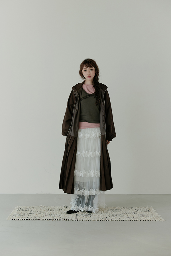 MOSDRESS 假兩件百褶拼接長版外套 咖啡外套敞開造型