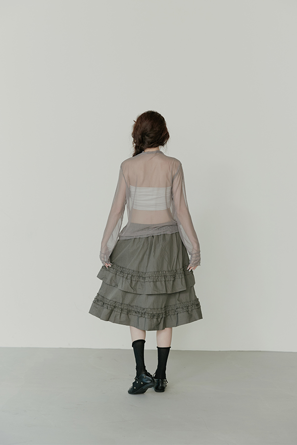 MOSDRESS 荷葉拼接蛋糕半身裙 深灰裙身背面展示