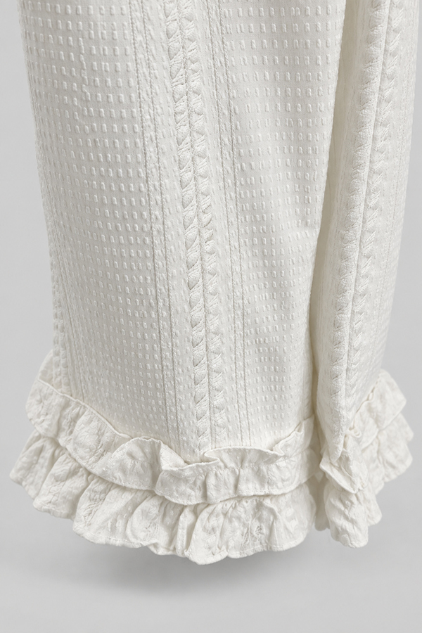 MOSDRESS 訂製刺繡抽繩荷葉邊寬褲 白色刺繡荷葉褲腳平拍