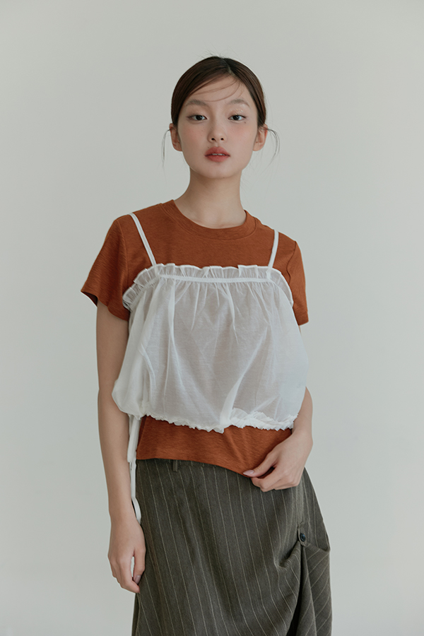 MOSDRESS 平口抽繩細肩帶背心 白色 抓皺網紗上身