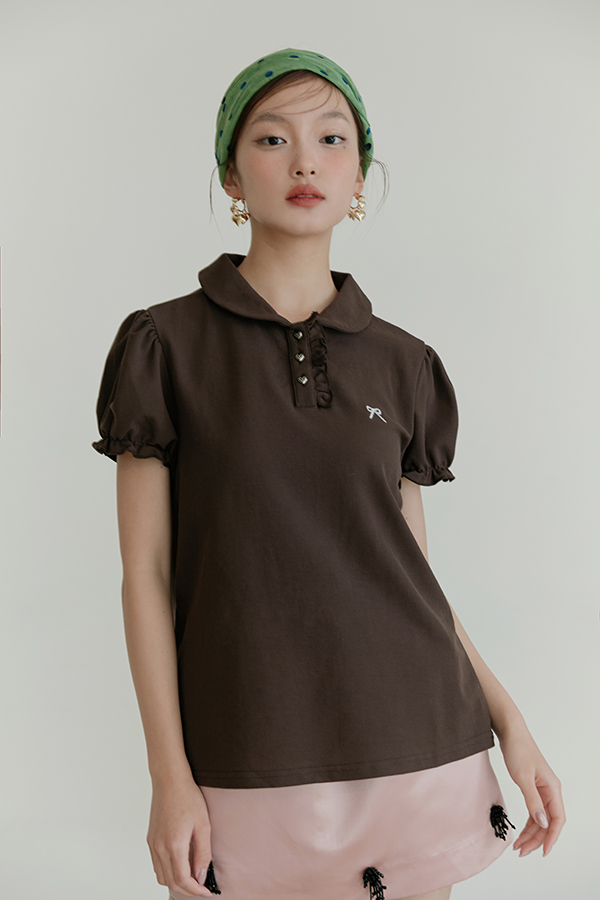 MOSDRESS 澎袖蝴蝶結刺繡翻領上衣 咖啡色 澎袖上身造型