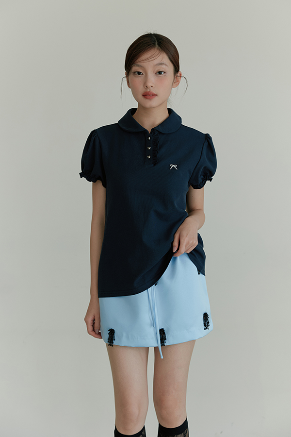 MOSDRESS 澎袖蝴蝶結刺繡翻領上衣 深藍色上身版型