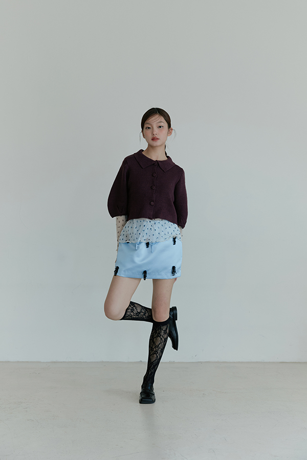 MOSDRESS 小花透膚網紗長袖上衣 深藍網紗搭配短裙