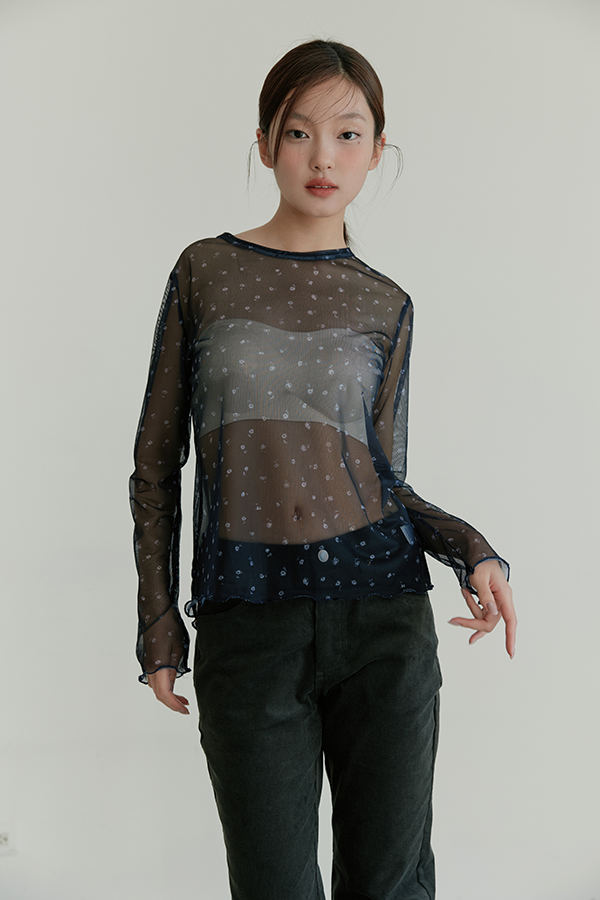 MOSDRESS 小花透膚網紗長袖上衣 深藍透膚袖口造型