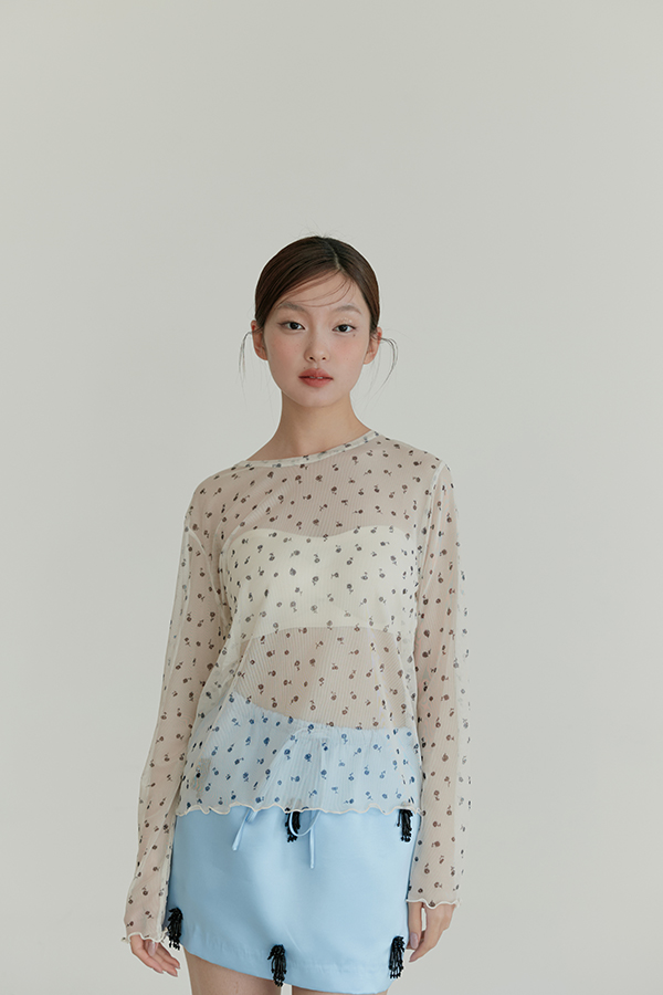 MOSDRESS 小花透膚網紗長袖上衣 米白色 小花透膚上身
