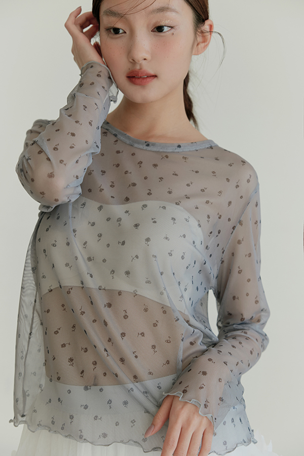 MOSDRESS 小花透膚網紗長袖上衣 灰色 微透網紗與波浪邊