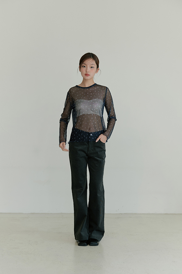 MOSDRESS 小花透膚網紗長袖上衣 深藍網紗搭配長褲