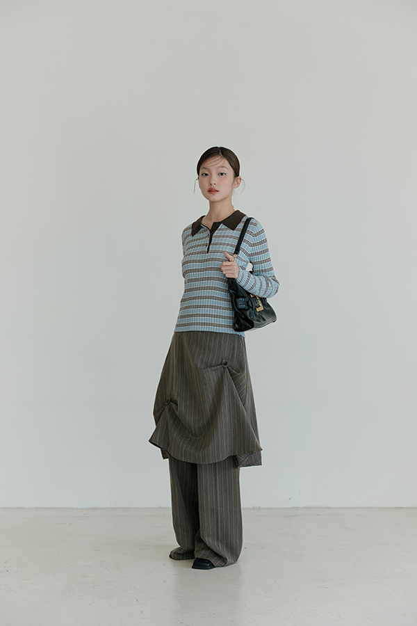 MOSDRESS 撞色翻領條紋針織上衣 淺藍條紋整體造型