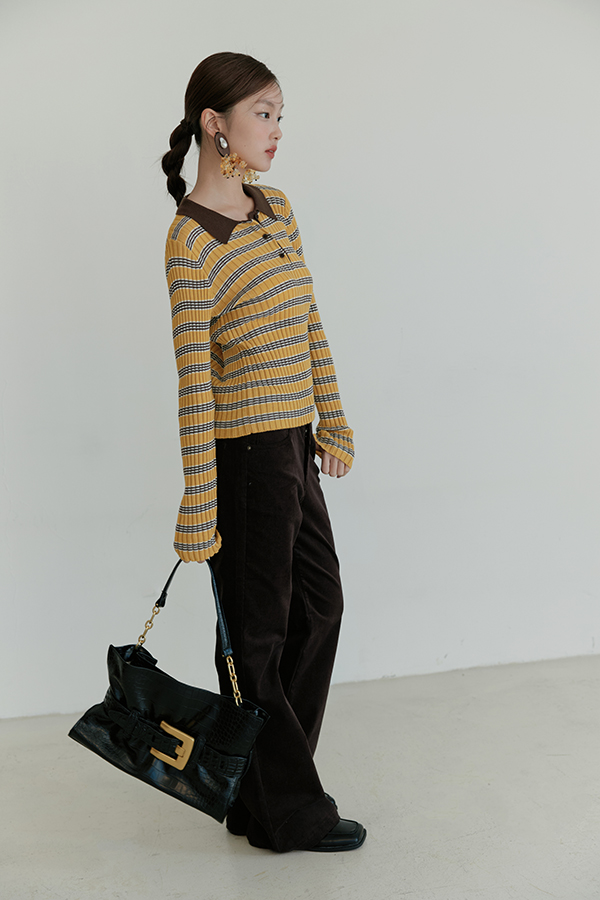 MOSDRESS 撞色翻領條紋針織上衣 黃色條紋側身
