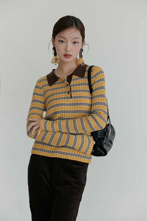 MOSDRESS 撞色翻領條紋針織上衣 黃色翻領日常搭配