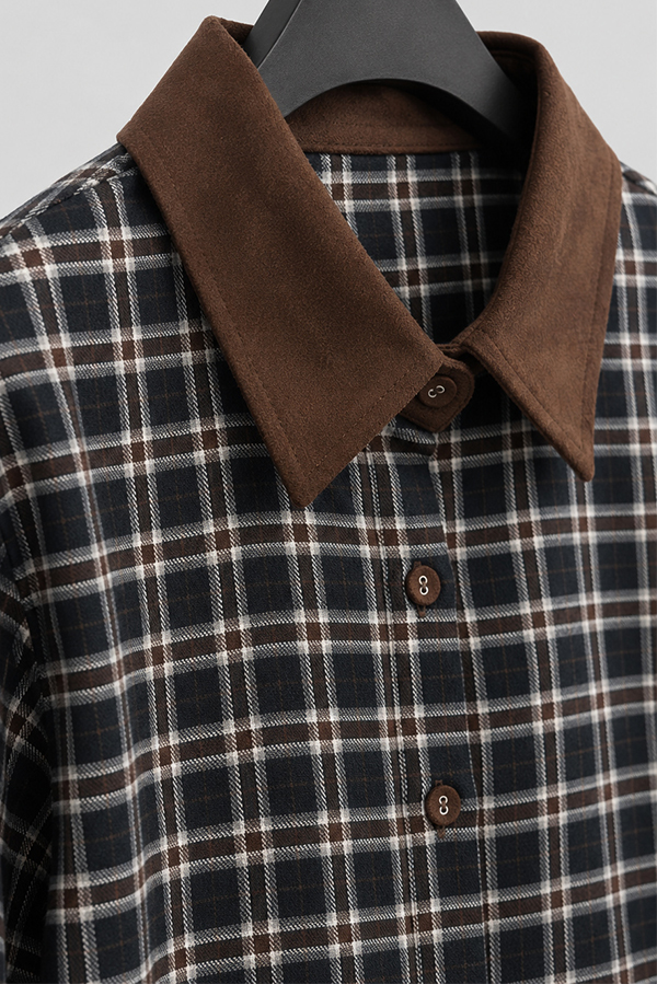MOSDRESS 復古撞色翻領格紋長袖襯衫 深藍格紋 翻領與格紋面料細節