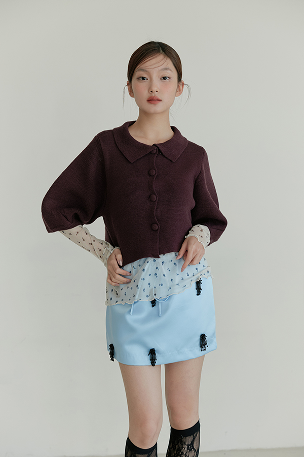 MOSDRESS 翻領澎袖圓釦針織短版外套 酒紅翻領上身
