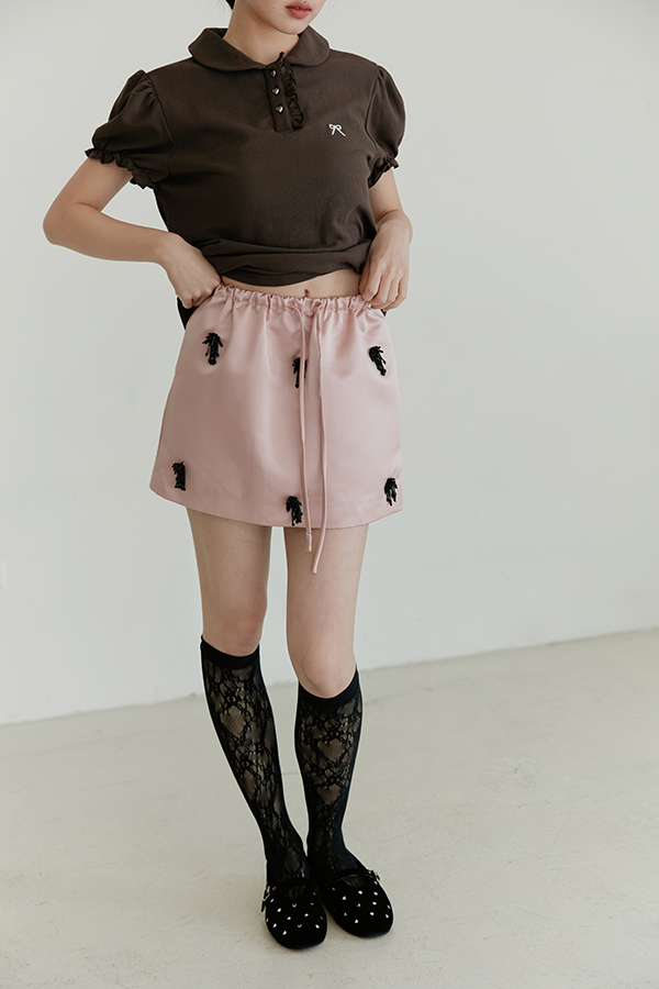 MOSDRESS 訂製流蘇串珠緞面抽繩短裙 粉色流蘇短裙穿搭