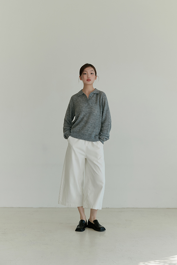 MOSDRESS 百搭純色牛仔9分寬褲 米白寬褲搭配針織衫
