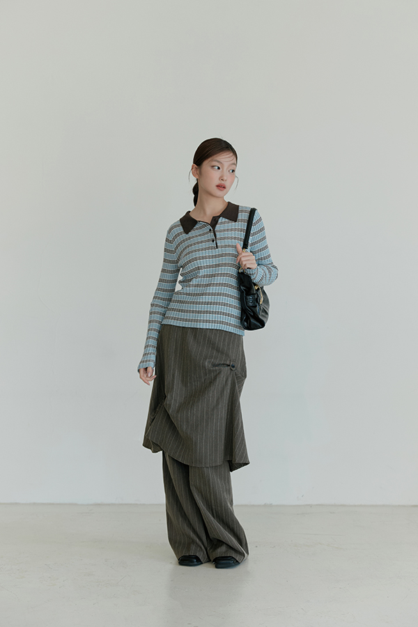 MOSDRESS 條紋不規則拼接裙褲 灰咖色 條紋裙褲整體穿搭