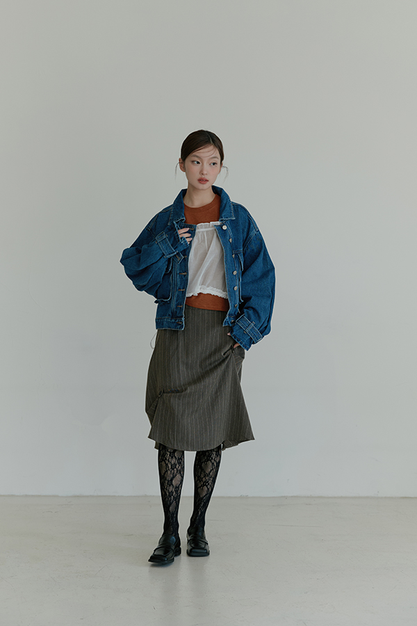 MOSDRESS 條紋不規則拼接裙褲 灰咖色 裙片搭配牛仔外套
