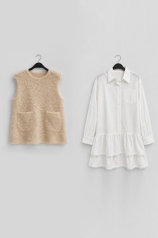 MOSDRESS 蕾絲滾邊蛋糕長版襯衫 毛絨背心秋冬套裝穿搭