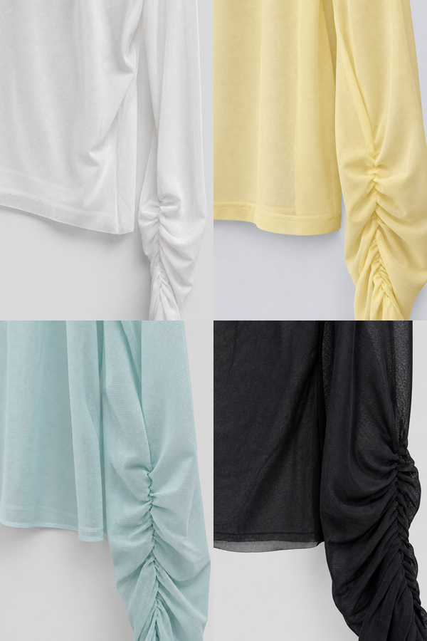 MOSDRESS 輕透網紗高領打底衫 4色 四色 四色袖側抓皺特寫