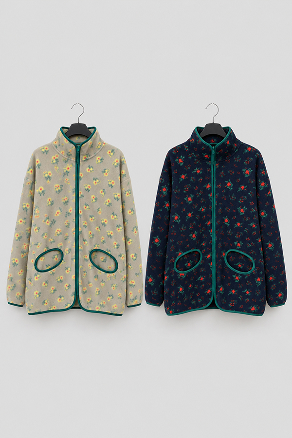 MOSDRESS 復古碎花滾邊刷毛外套 2色 兩色 兩色碎花外套平拍